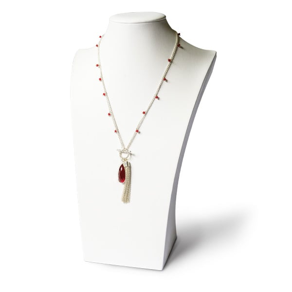 "Love and Grace" silver-toned necklace with ruby-colored-glass by Danica McKellar