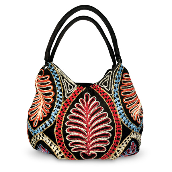 "Bonded Together" faux suede and cotton embroidered tote by Wé McDonald