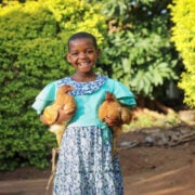 little girl holding two chickens