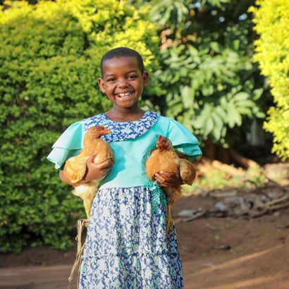little girl holding two chickens