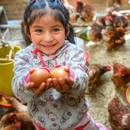 little girl holding two chicken eggs