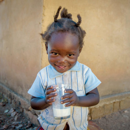 Little kid smiles and holds a glass of cow, sheep, or goat milk
