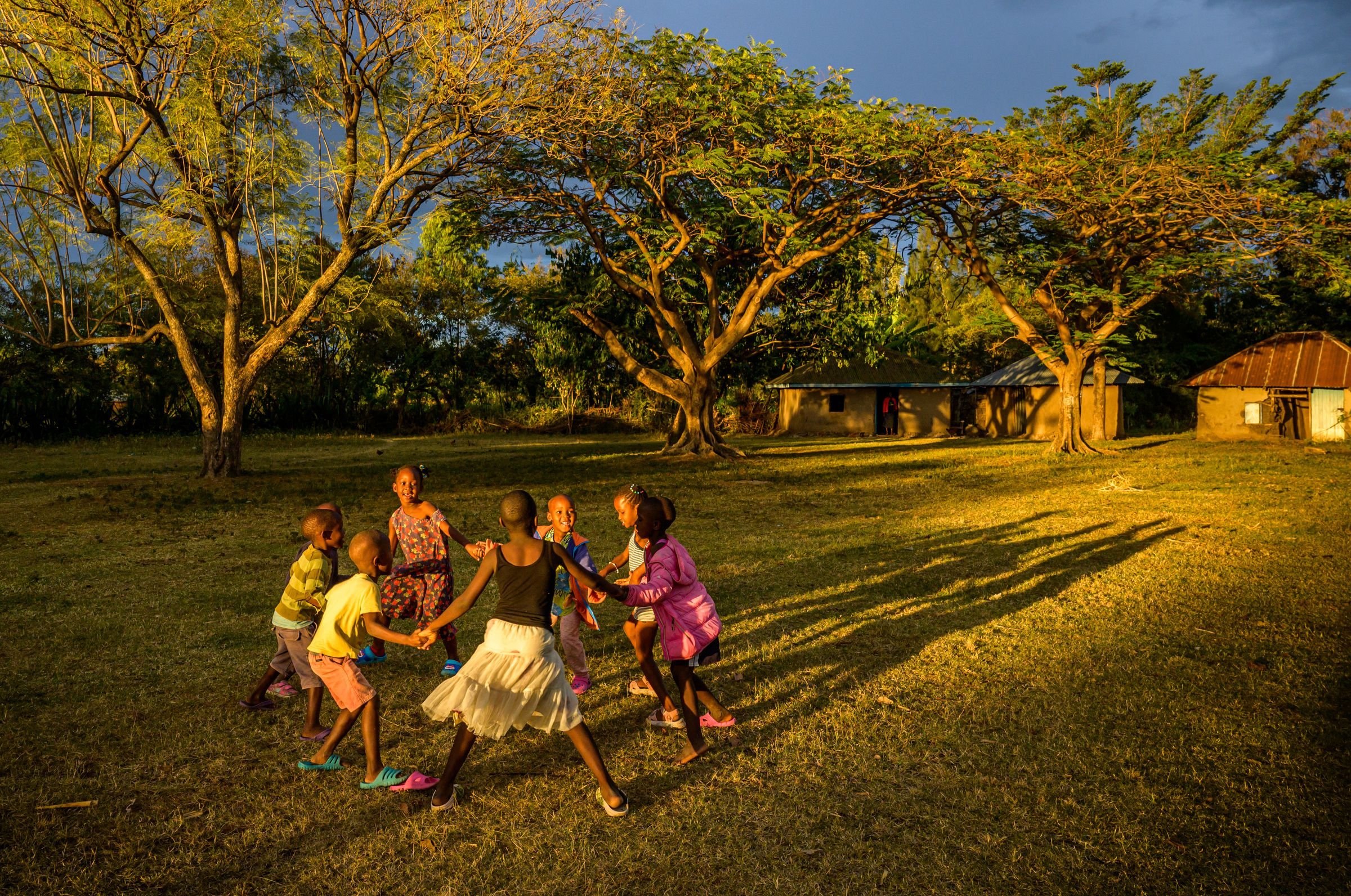 Holding hands, children dance in a circle as the setting sun creates long shadows and lights up trees in the background.