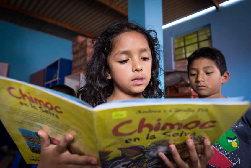 A child in Peru reads a book.