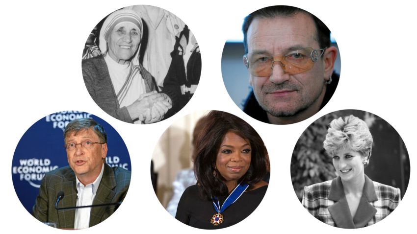 Photos of celebrity givers like Princess Diana, Oprah, Bill Gates, Bono, and Mother Teresa | Giving Quiz | All photos Creative Commons