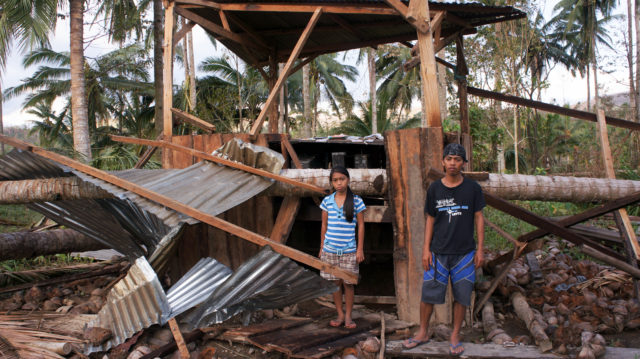 2012 Typhoon Bopha destroyed their home and coconut plantation in the Philippines. Tony Mar, 19, and his sister Genevieve, 11, stand near one of the 100 downed coconut trees.
