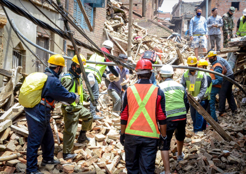 2015 Nepal earthquake in Kathmandu, the capital of Nepal. Search and rescue workers look for victims amid the rubble of collapsed buildings. The quake also caused landslides and avalanches in the Himalaya Mountains.