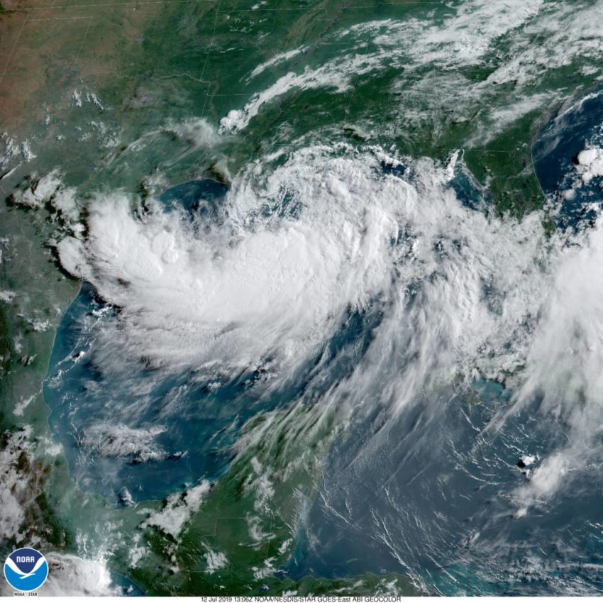 Tropical Storm Barry bfore making landfall in Louisiana, July 12, 2019. The slow-moving storm was gaining strength and likely to become a hurricane with maximum winds 74 mph or more.