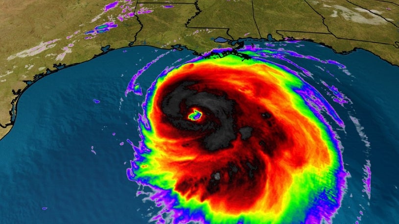 A satellite image of Hurricane Laura shows the storm approaching the Gulf Coast of Louisiana and Texas on Aug. 26, 2020.