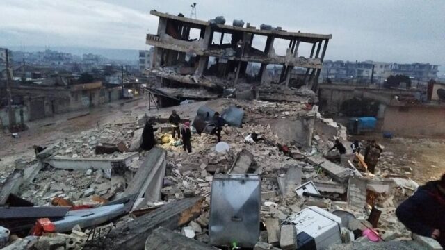 Scene of a collapsed building from the February 2023 Syria and Turkey earthquake