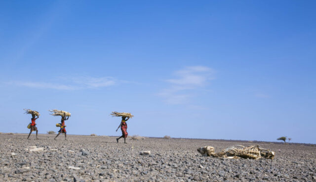 Women walk past a carcass in the parched landscape of Turkana, Kenya.