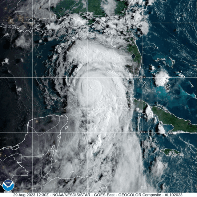 A satellite image of Hurricane Idalia is seen churning near the Florida coast in the Gulf of Mexico.