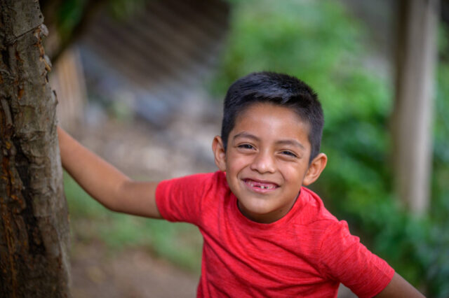 Portrait of a smiling boy who is winking one eye. He wears a red shirt and has one hand behind a tree trunk.