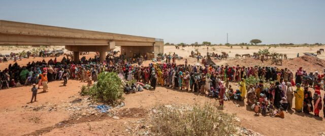 A large crowd stands in the sun and some crowd under a concrete bridge.