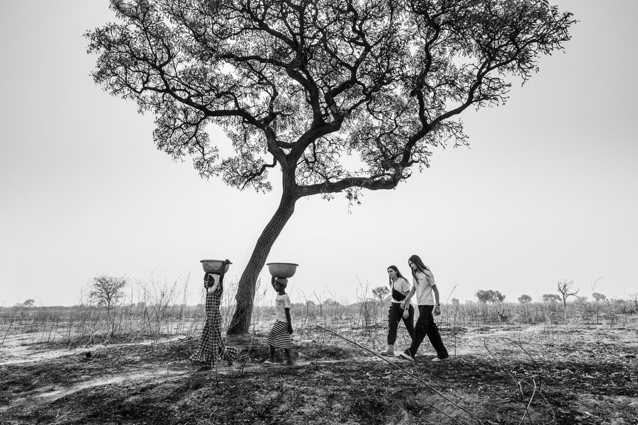 A black-and-white photograph of two young African girls walking underneath a tree, carrying basins of water on their heads, followed by two American girls.