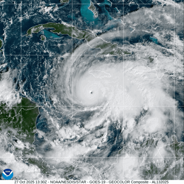 Satellite imagery shows a swirling image loop of Hurricane Melissa with a defined center dot that is the hurricane’s eye.