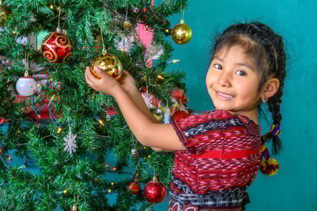 A girl holds a Christmas bulb in her hands as it hangs from a Christmas tree.