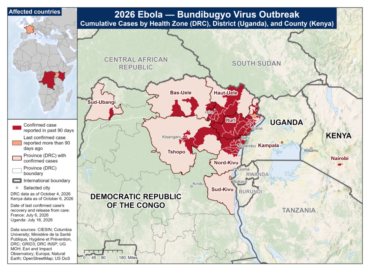 A map showing provinces in the northeastern DRC near Uganda and Kenya where Ebola cases have been confirmed.