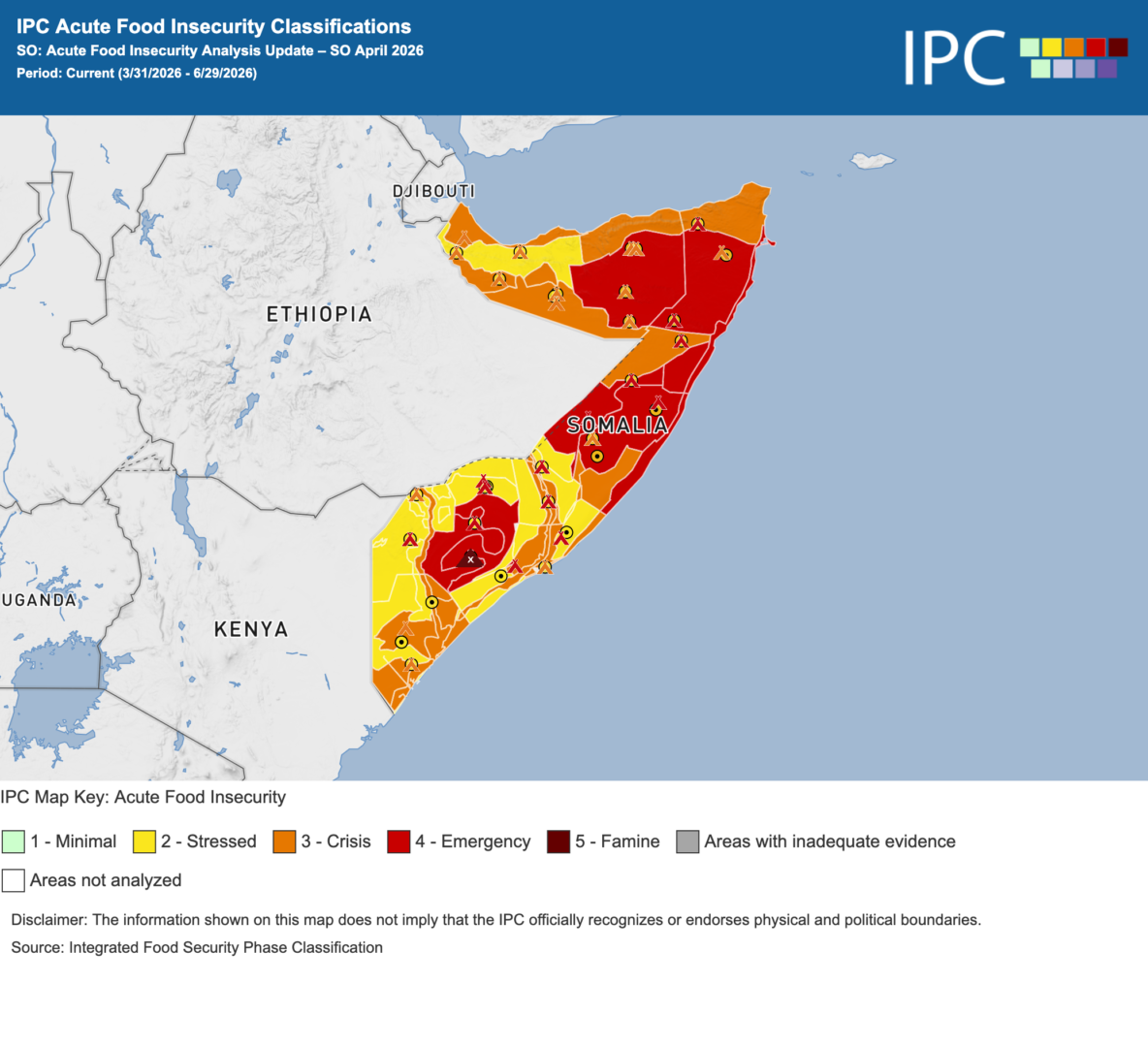 A colorful map of Somalia showing acute food insecurity levels. Neighboring countries of Djibouti, Ethiopia, and Kenya are also featured for context.