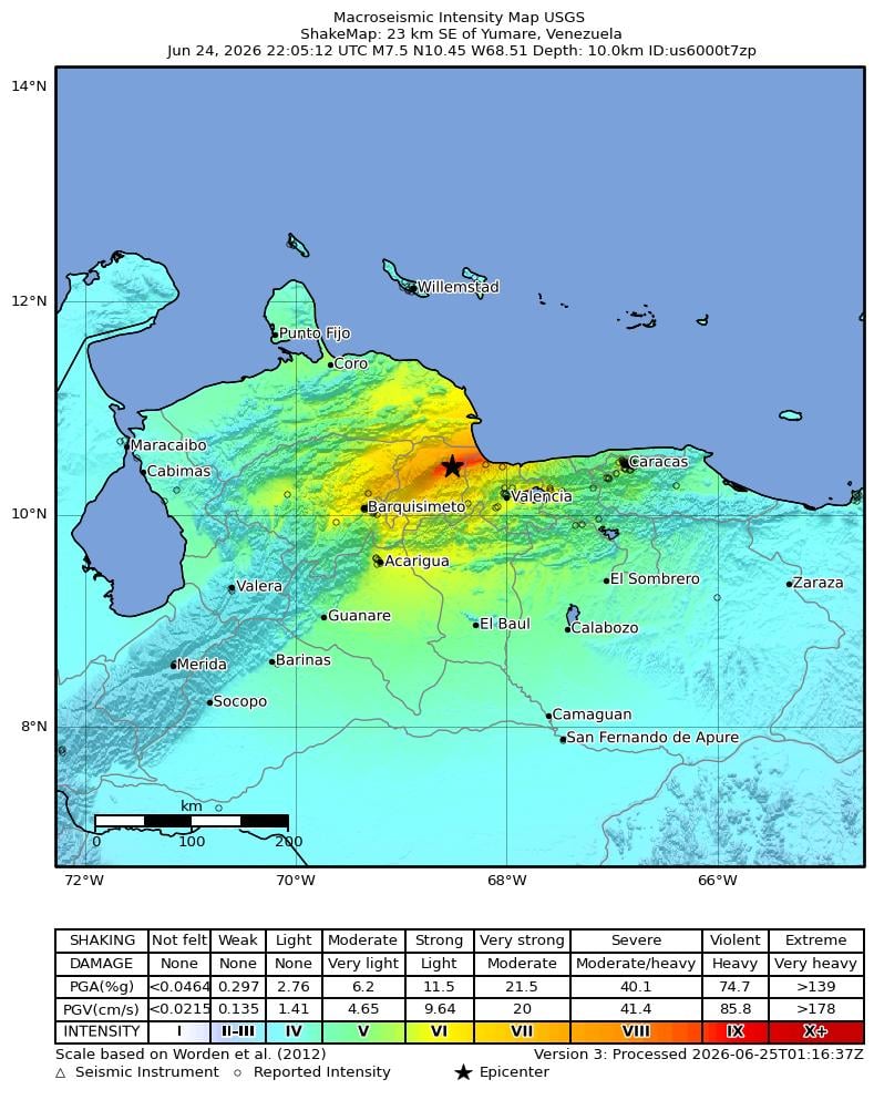 A graphic showing the location of earthquakes in Venezuela.