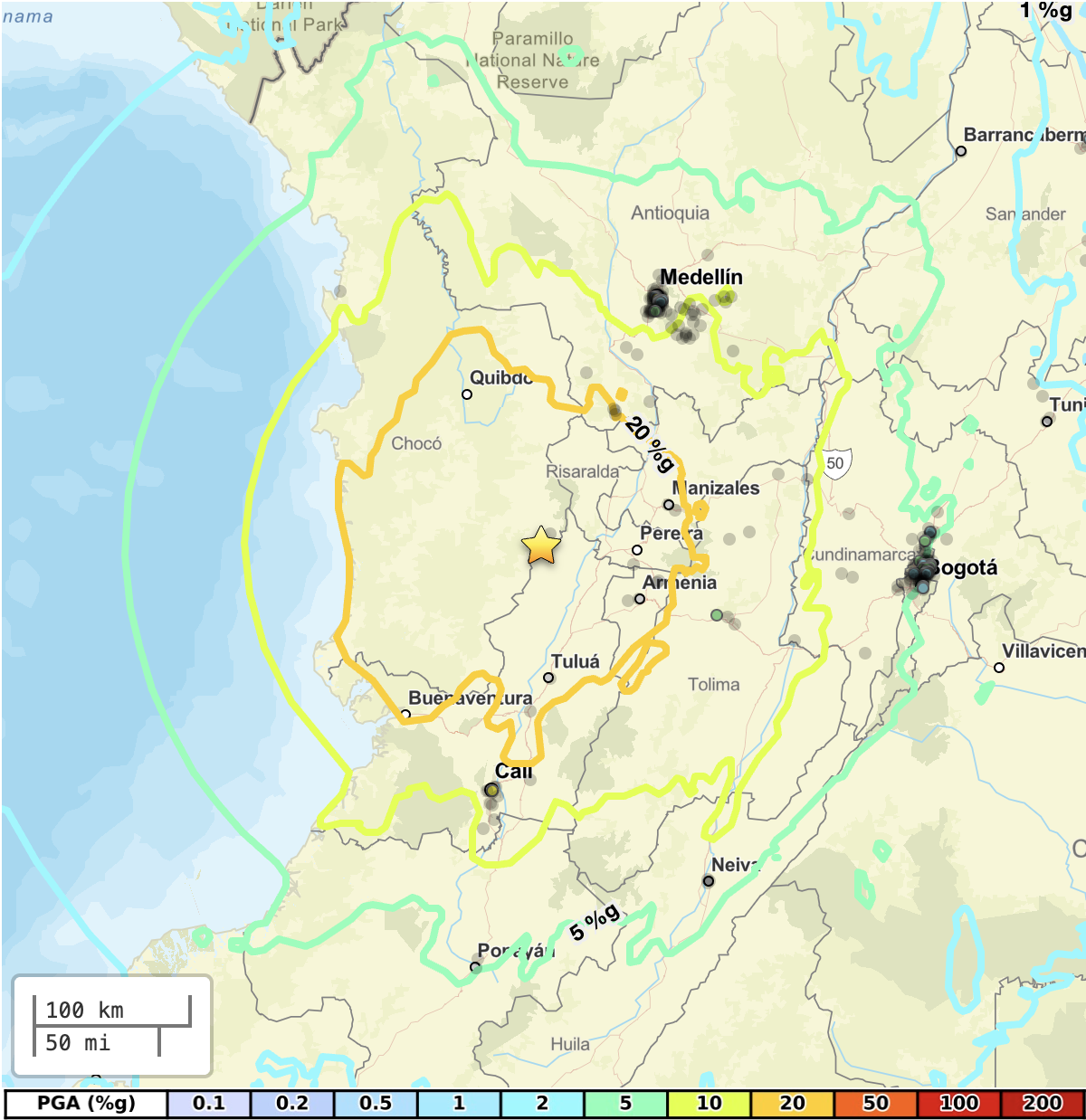 Map of Colombia showing ground-shaking intensity from a 7.4 magnitude temblor, with a star marking the epicenter near San José del Palmar in Chocó.