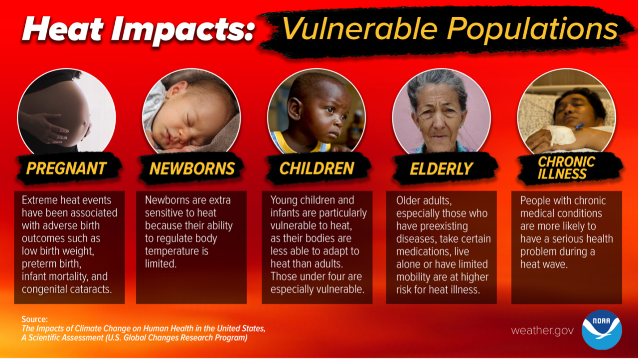 Infographic showing groups of people at higher risk from heat, including a pregnant woman, a newborn, a child, an elderly woman, and a man with an illness.