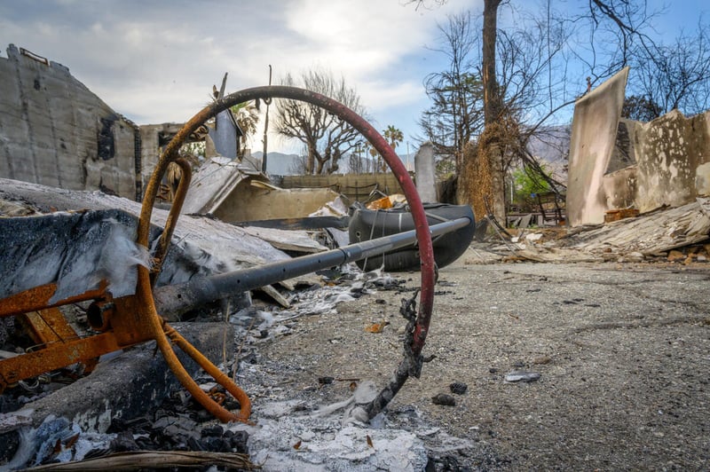 The charred remains of a home are seen though a burnt and twisted metal hoop.