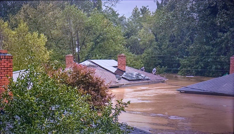 Only house roofs can be seen in a neighborhood as flood waters are as high as roofs. There are trees and powerlines surrounding.