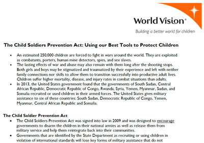 Child Soldier Prevention Act waivers - World Vision 2014 (PDF)