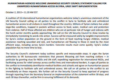 UN resolution on Humanitarian Access to Syria (PDF, Oct. 2, 2013)