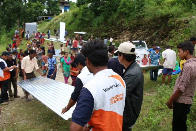 World Vision provides materials for families in remote villages to rebuild following the Nepal earthquake. In some areas, supplies could only be transported in by helicopter. PHOTO: World Vision.