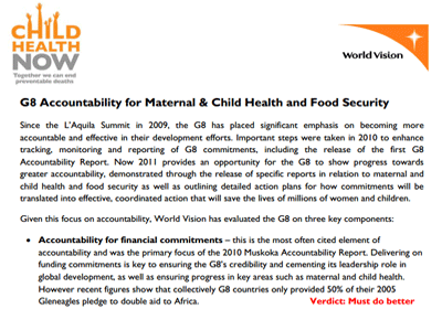 World Vision policy calls for the G8 Summit (PDF)