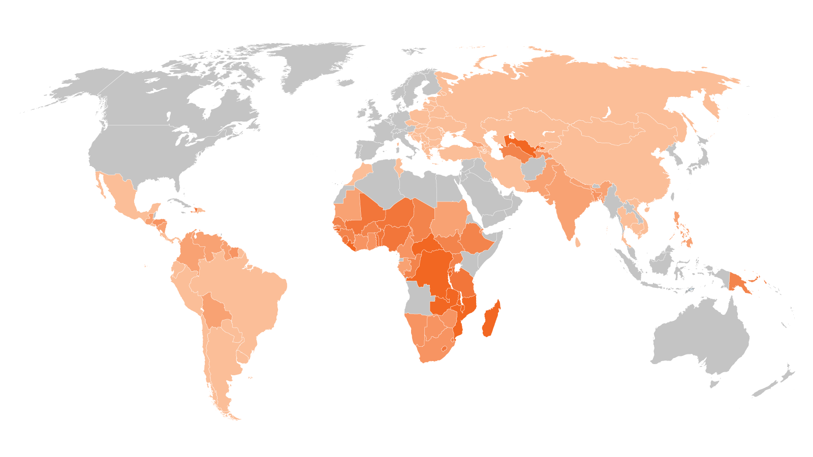 Blueprint to Solve Poverty, gray and orange world map. Darker orange countries have higher rates of extreme poverty. ©2016 World Vision