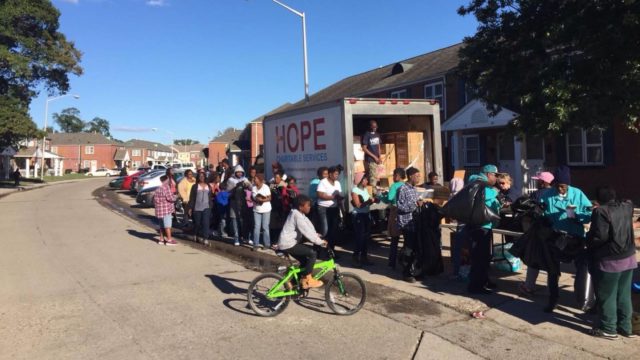 In hard-hit Portsmouth, Va., Hope Charitable Services, a World Vision partner, is delivering hurricane relief supplies from a World Vision warehouse. (©2016 Frank Allen)